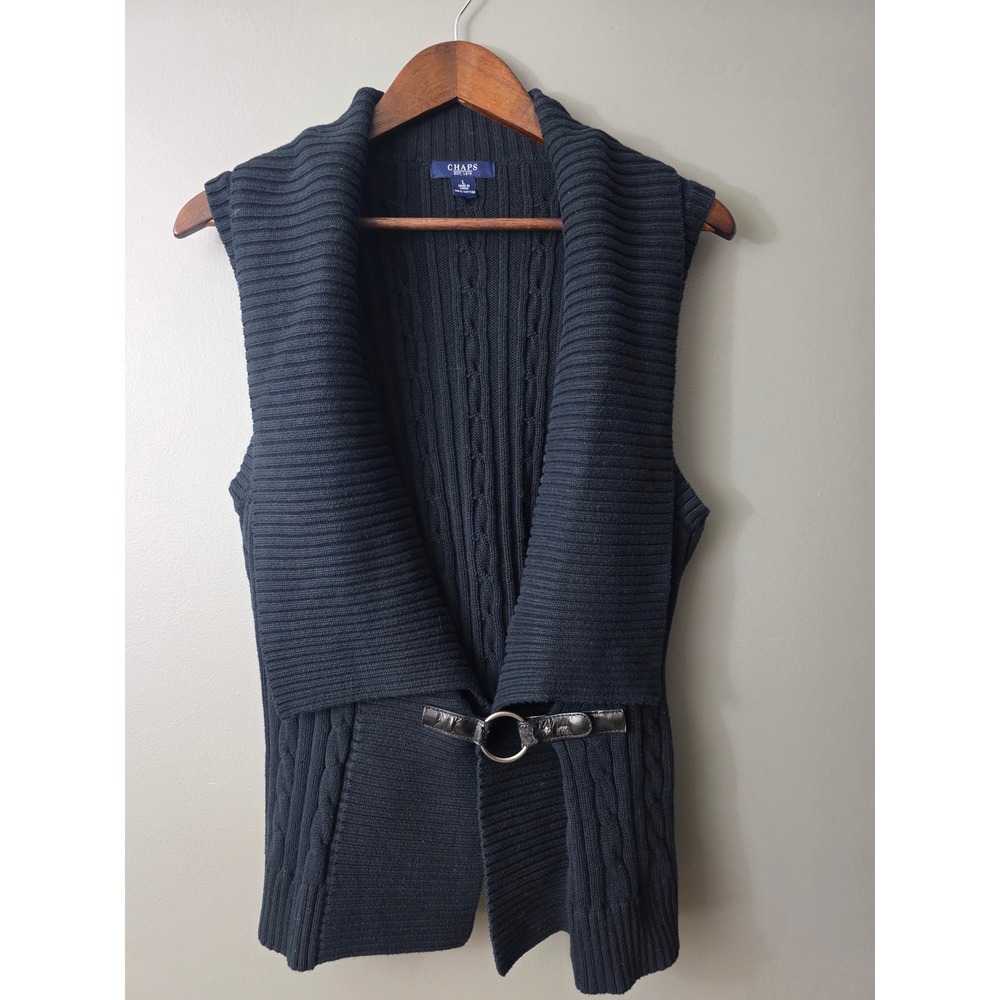 Chaps Navy Blue Cable Knit Sweater Vest Shawl Collar Buckle Women Large